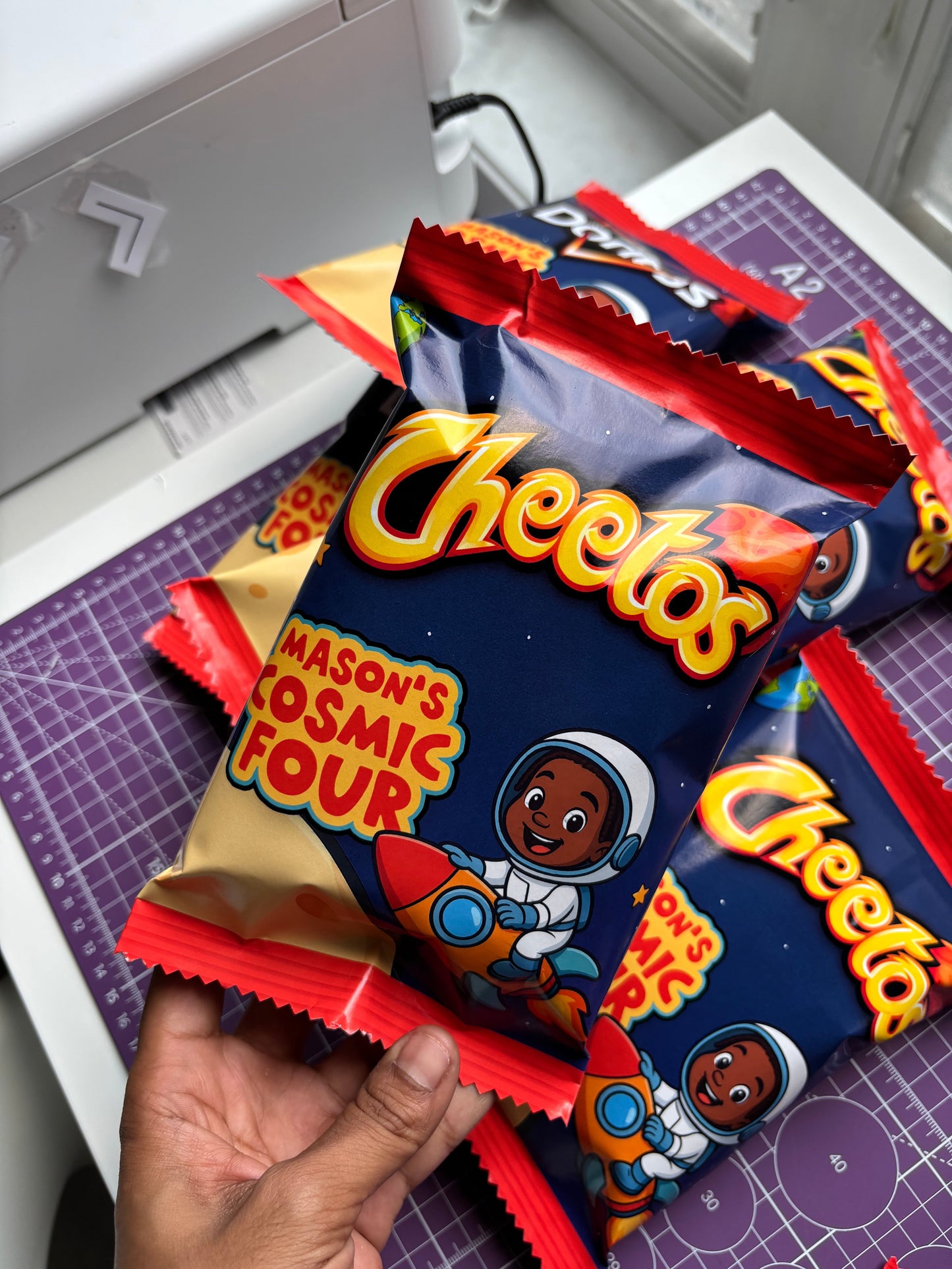 Custom Cheetos puffs kids birthday chip bags solar system space rocketship cartoon style party favors on the moon