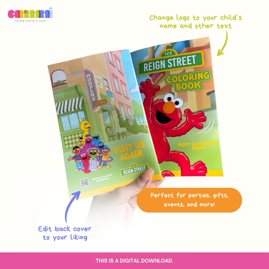 Sesame Street coloring book held by a hand with customization options highlighted.