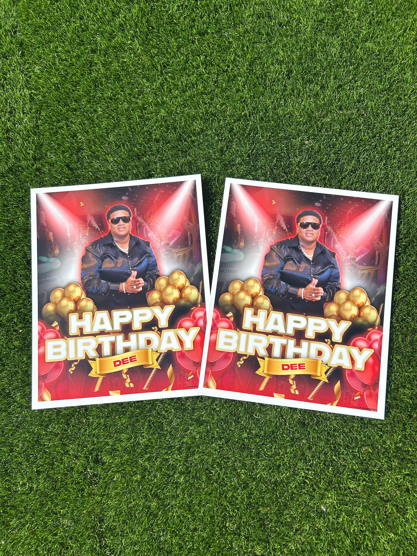 Two birthday cards with a person and 'Happy Birthday' text on a grass background custom club poster section