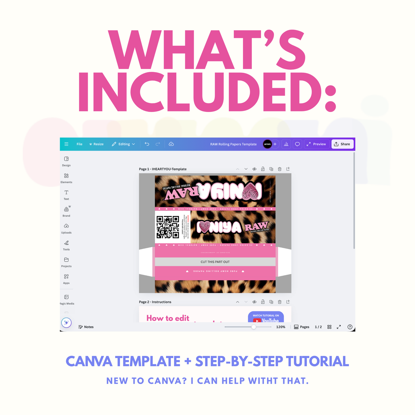 Raw papers template with leopard design held by a hand, featuring Canva logo editable fully customizable packs rolling