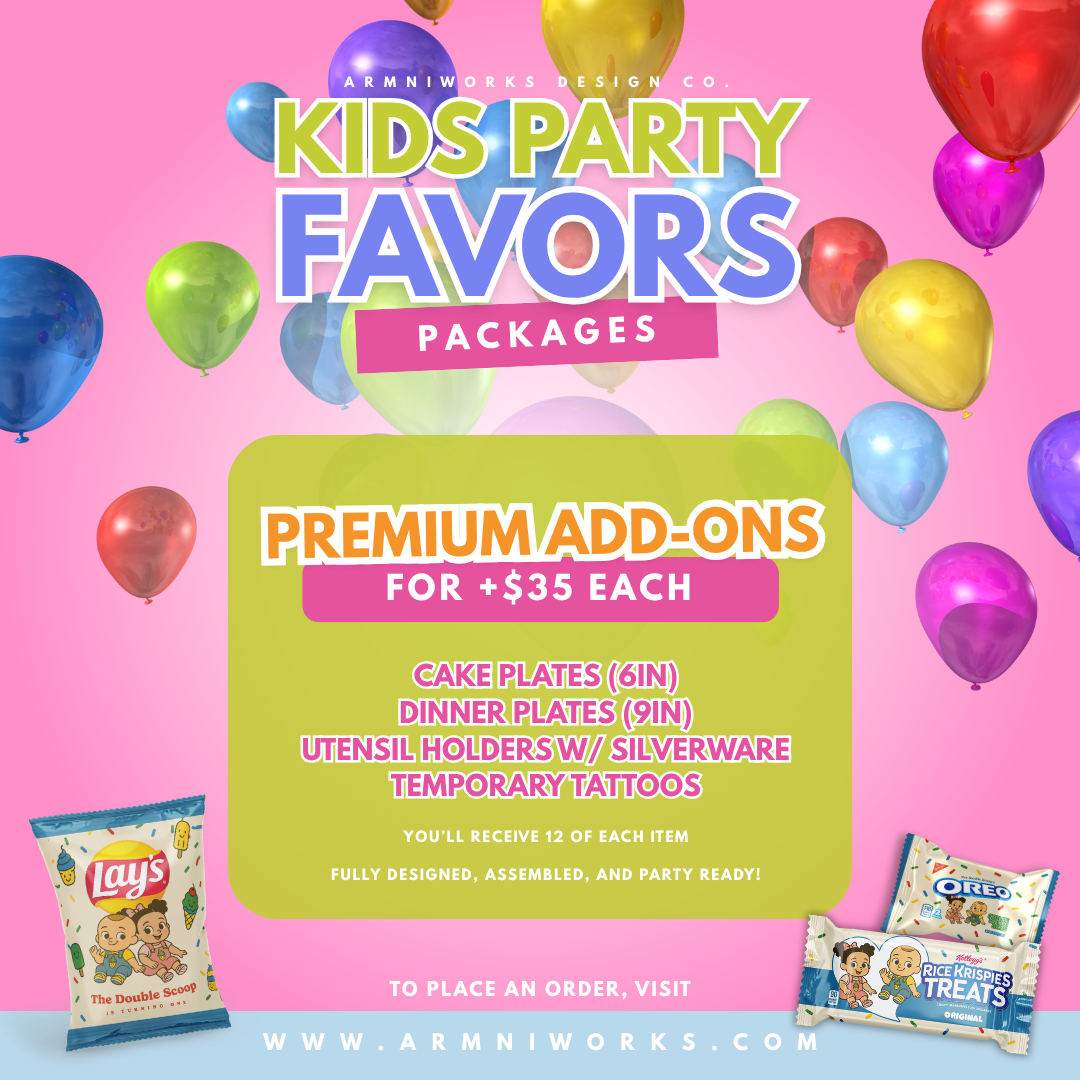 Advertisement for custom kids party favors packages with balloons and product images on a pink background. chip bags, plates and utensil holders.