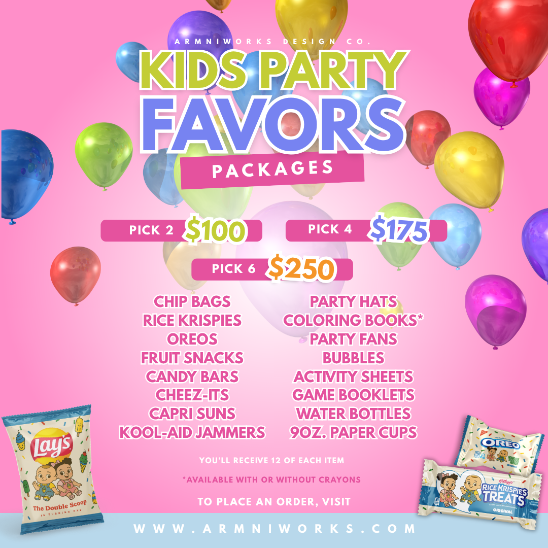 Advertisement for custom kids party favors packages with colorful balloons on a pink background. snack and treats. chip bags.