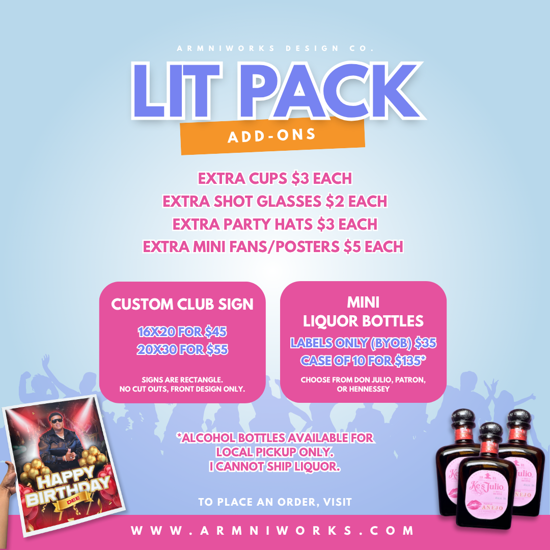 Promotional flyer for 'Lit Pack Add-Ons' custom adult party favors for the club section, birthday, events add-ons