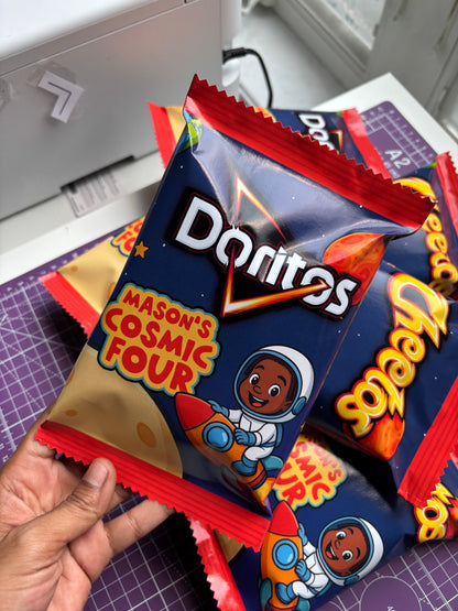 Custom Doritos kids birthday chip bags solar system space rocketship cartoon style party favors on the moon 