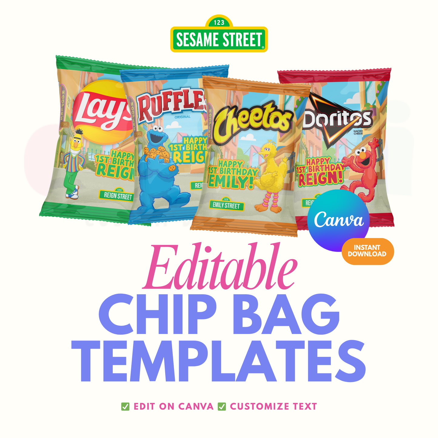Sesame Street Chip Bags Canva Template (4 Pack)