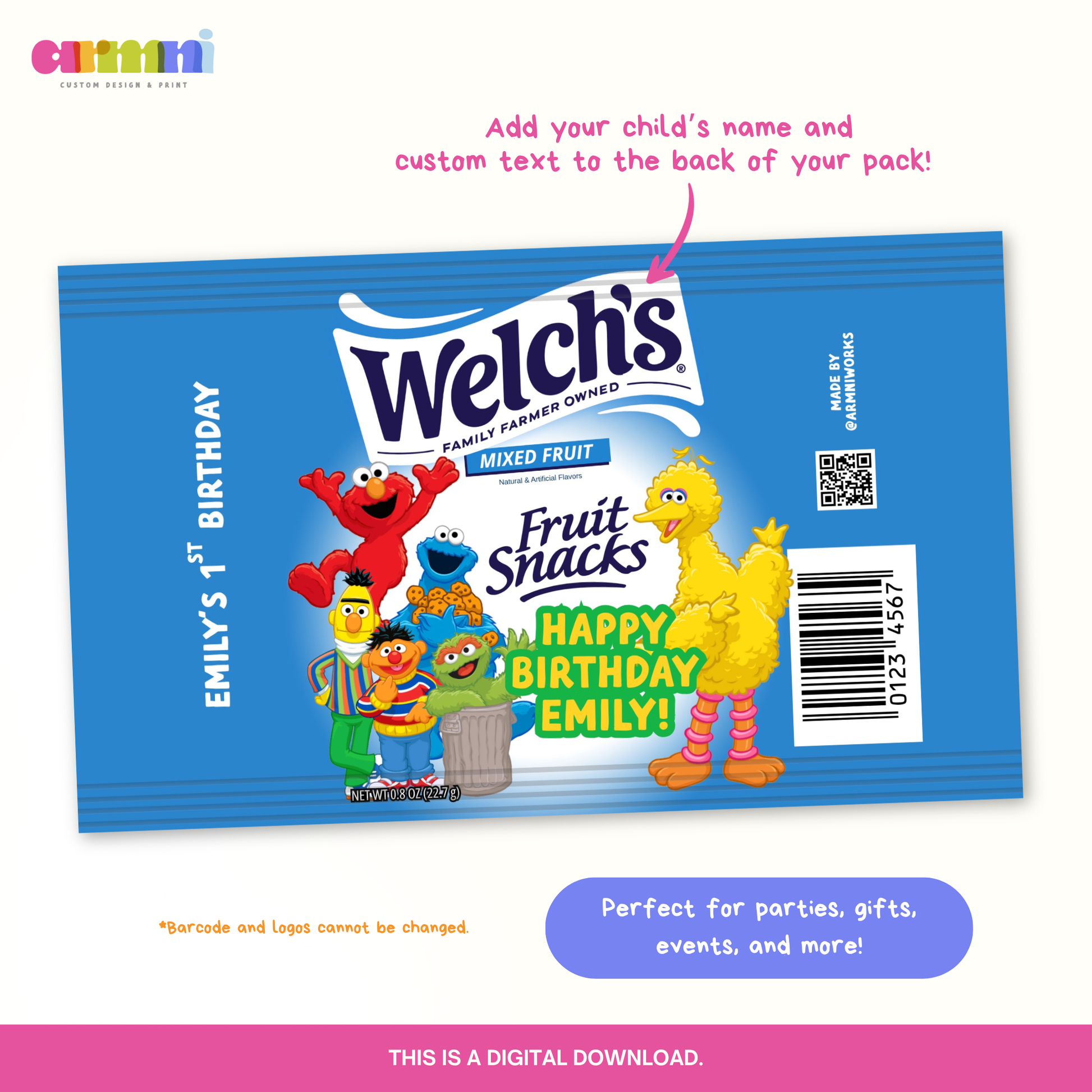 Welch's fruit snacks package with Sesame Street characters on a white background Editable Canva template diy mom kids birthday party favor goodie bag snack 