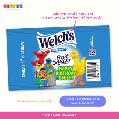 Welch's fruit snacks package with Sesame Street characters on a white background Editable Canva template diy mom kids birthday party favor goodie bag snack 