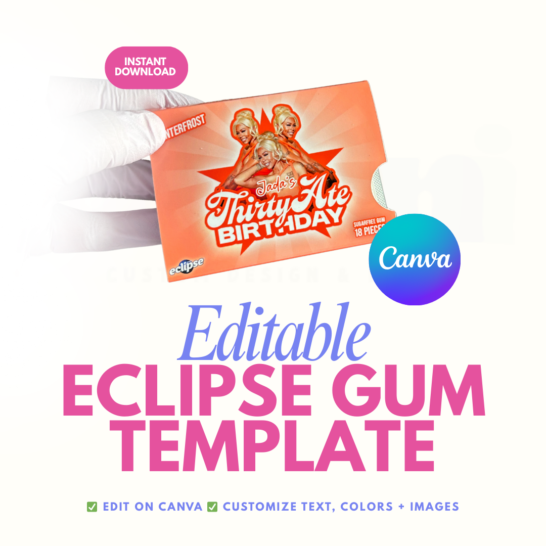 Editable canva Eclipse Gum template with customizable text and images on a white background
