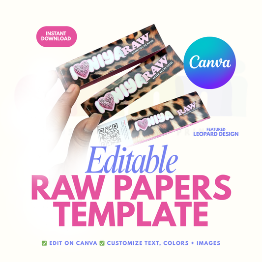 Raw papers template with leopard design held by a hand, featuring Canva logo editable fully customizable packs rolling