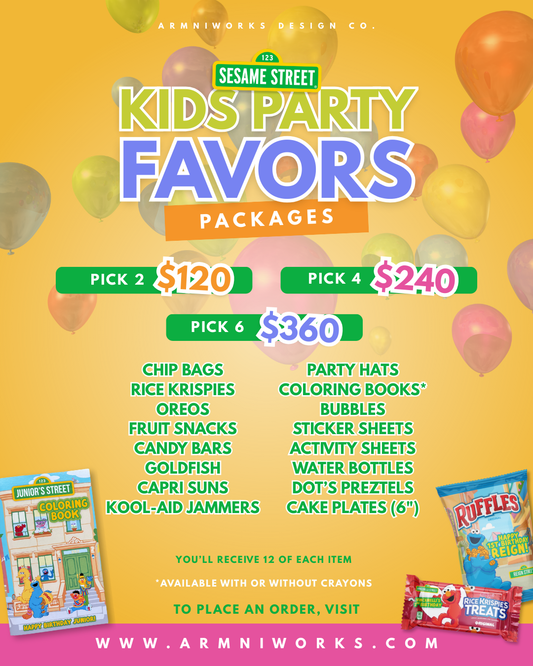 Advertisement for custom Sesame Street kids birthday party favors with product images and pricing on a yellow background.