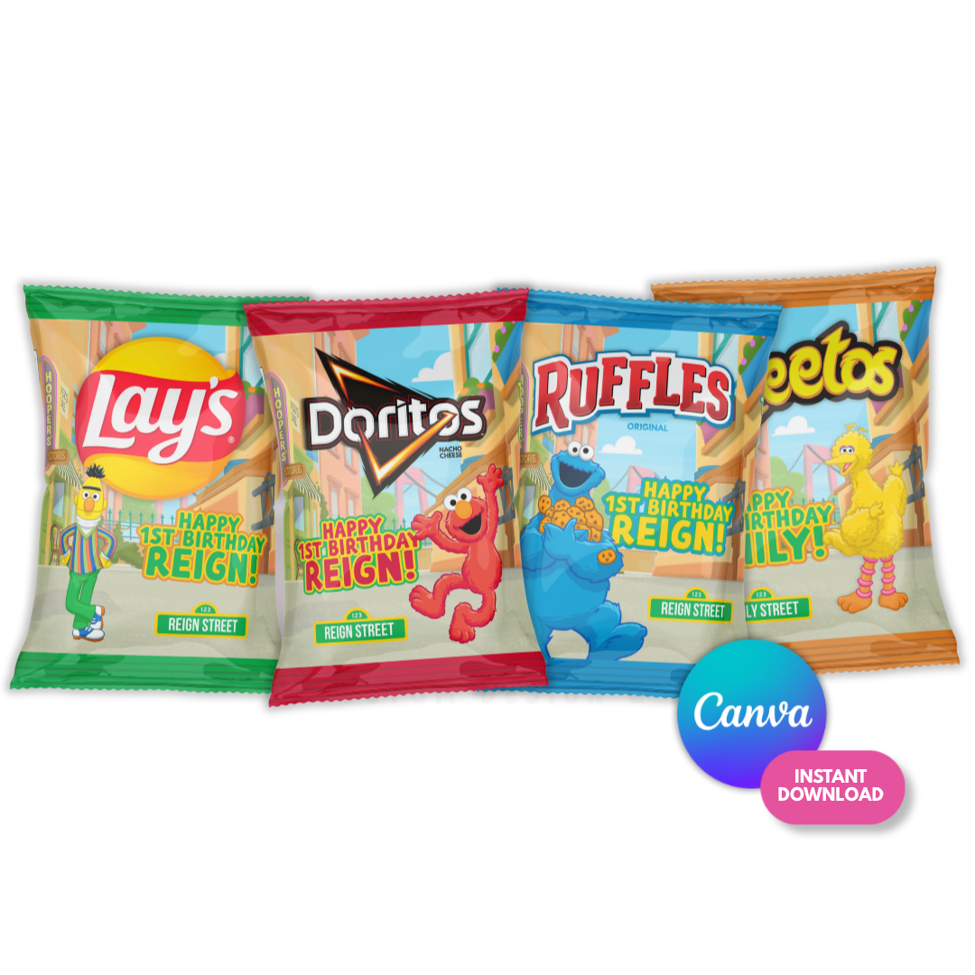 Four colorful snack bags lined up side by side, each featuring a different Sesame Street character and flavor: Lay's, Doritos, Ruffles, and Peetos. The bags have bright green, red, blue, and orange packaging with character graphics and birthday-themed text. Editable canva template DIY party favors.