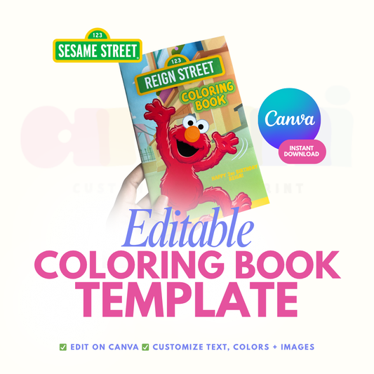 Sesame Street coloring book editable canva template with Elmo on a white background