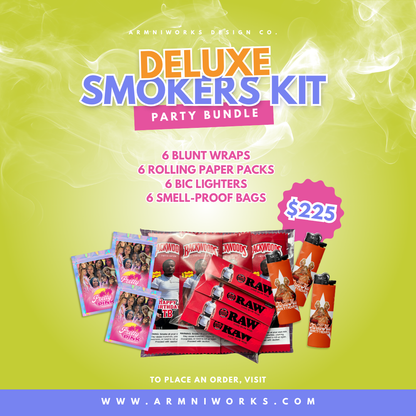 Promotional image of a custom deluxe smokers kit party favor bundle with text and product display on a green background.