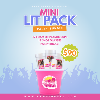 Promotional image of a 'Mini Lit Pack' custom adult club party bundle with cups and shot glasses on a blue background.