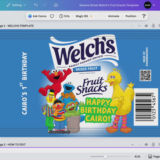 Welch's fruit snacks package with Sesame Street characters on a white background Editable Canva template diy mom kids birthday party favor goodie bag snack 