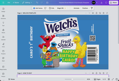 Welch's fruit snacks package with Sesame Street characters on a white background Editable Canva template diy mom kids birthday party favor goodie bag snack 