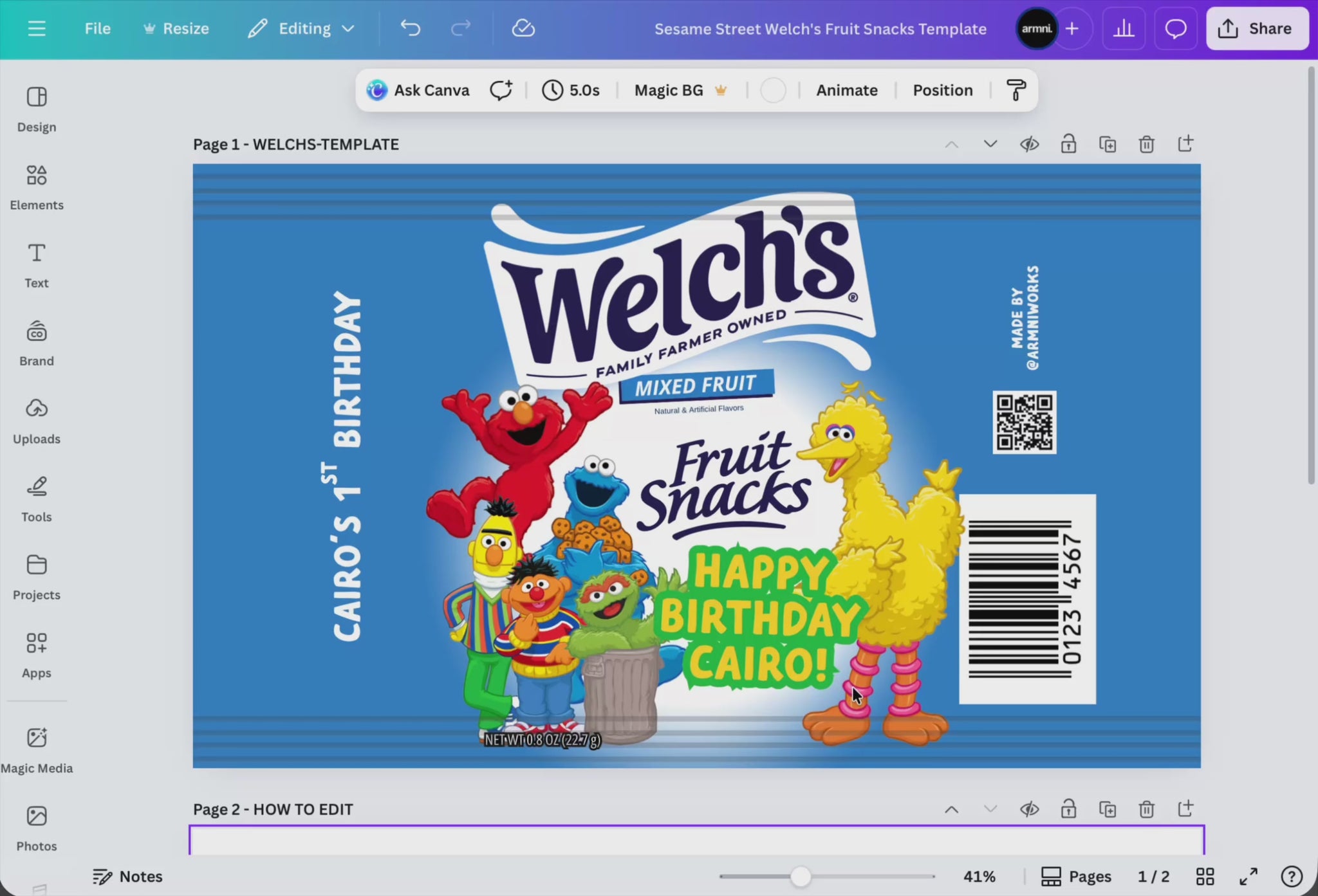 Welch's fruit snacks package with Sesame Street characters on a white background Editable Canva template diy mom kids birthday party favor goodie bag snack 