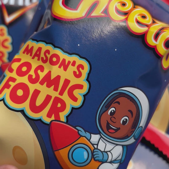 Custom Doritos kids birthday chip bags solar system space rocketship cartoon style party favors on the moon 