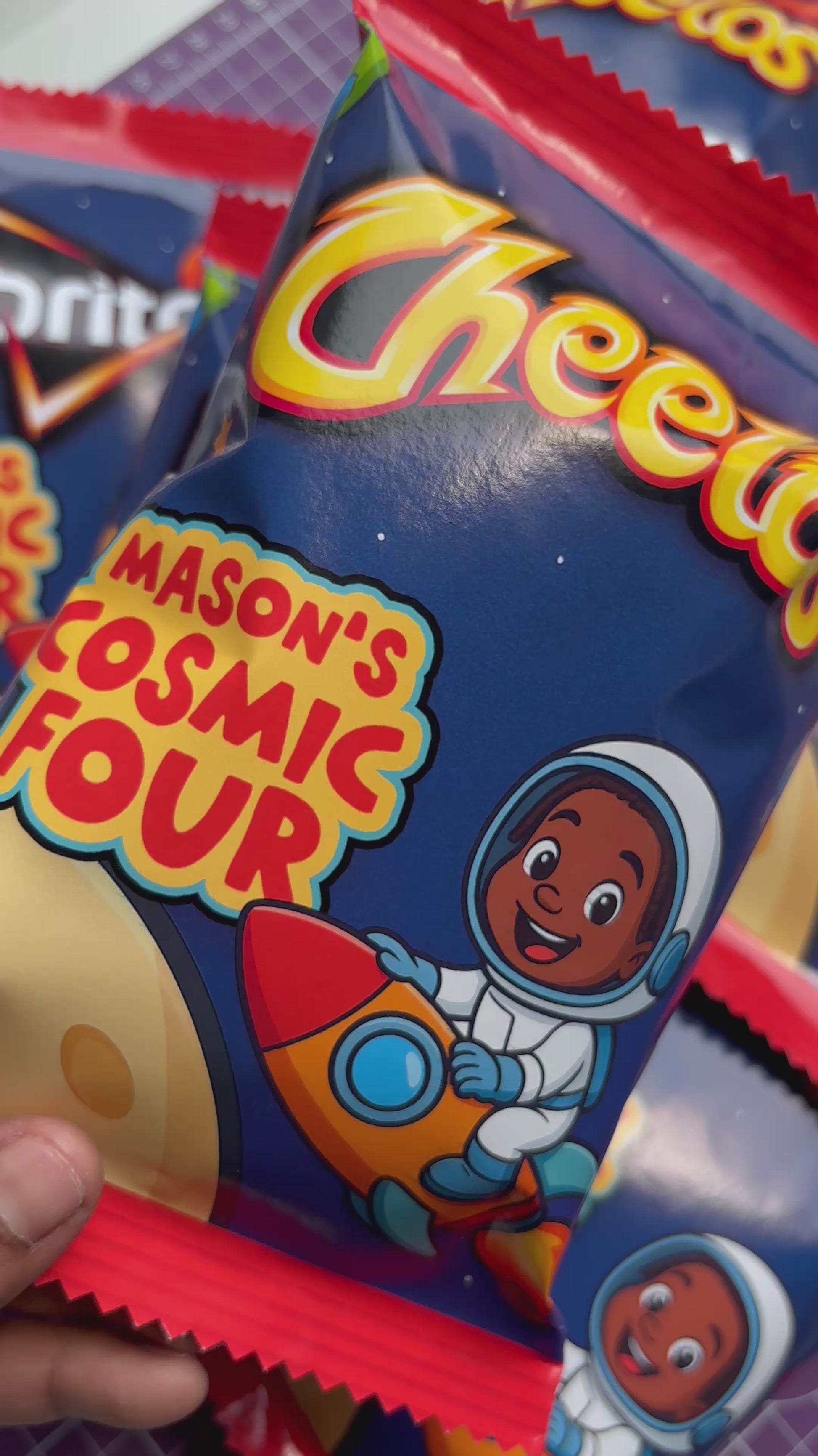Custom Doritos kids birthday chip bags solar system space rocketship cartoon style party favors on the moon 