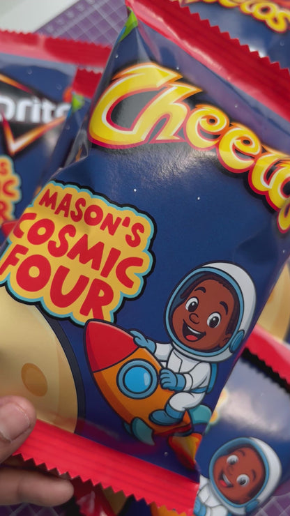 Custom Doritos kids birthday chip bags solar system space rocketship cartoon style party favors on the moon 