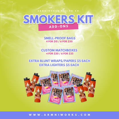 Advertisement for 'Smokers Kit Add-Ons' with product images and pricing on a green background. custom party favors for adults unique gifts Etsy