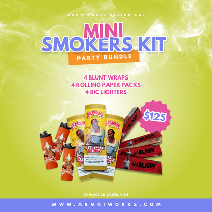 custom Mini smokers kit party favor bundle with Blunt wraps, Rolling paper packs, and BIC lighters on a green background.